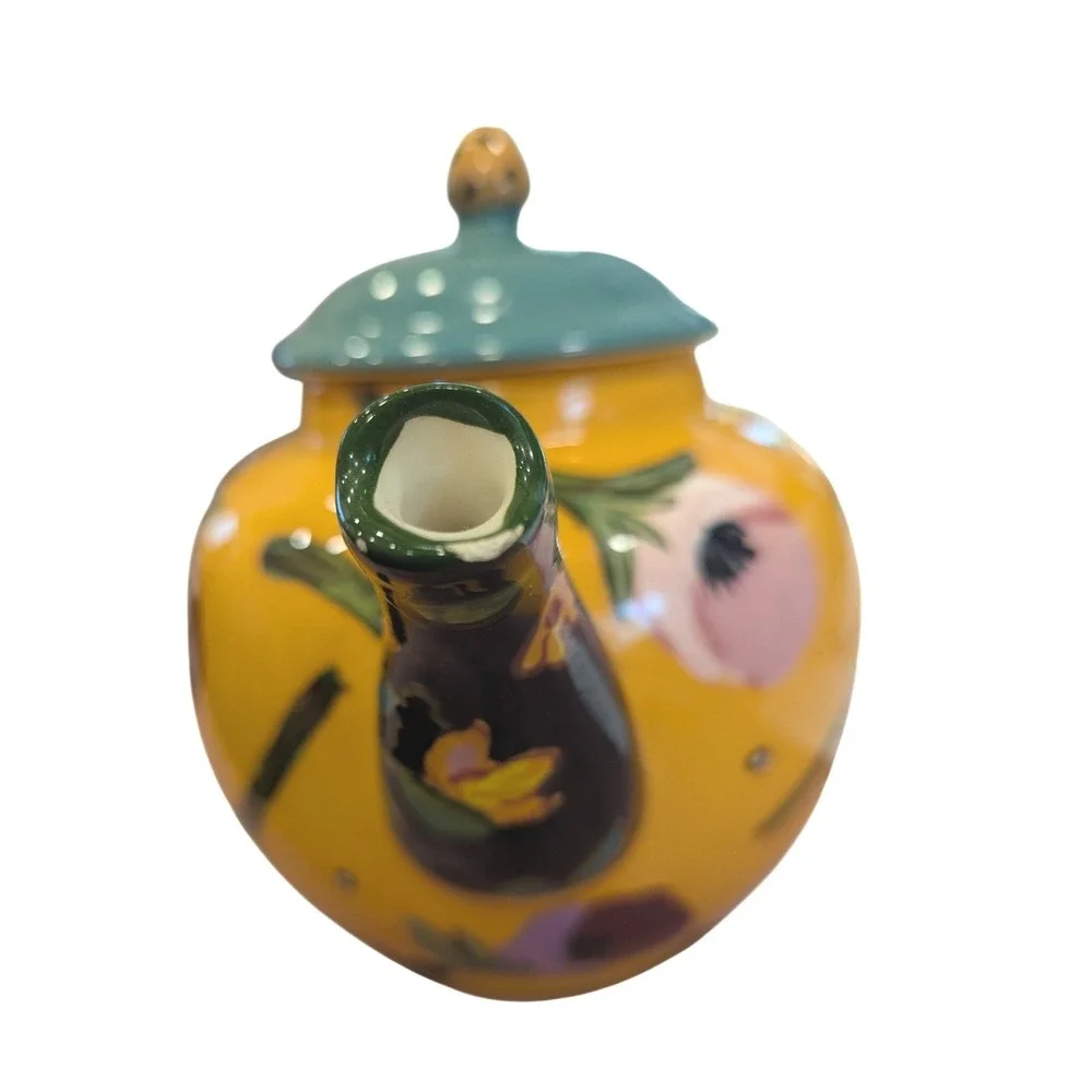 Droll Designs Hand Painted Floral Ceramic Teapot Yellow Striped Handle Whimsical